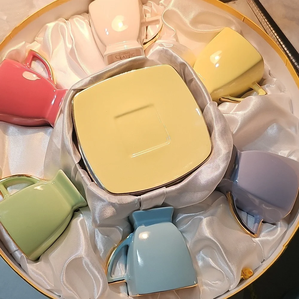 Classic Multi Colored Ceramic Coffee And Tea Cup And Saucers